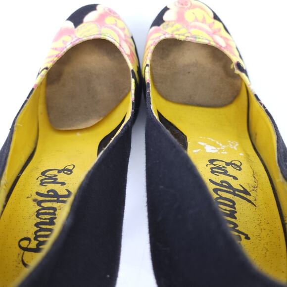 ED HARDY HEEL SZ 8 BLACK PINUP ROCKABILLY STILETTO AMMA PINK YELLOW TATTOO ART - Picture 6 of 7